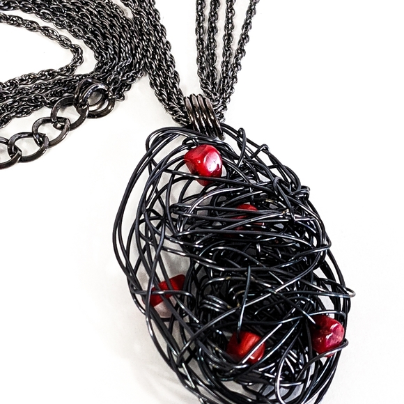 Necklace with Oval Pendant Coral Gemstone Handmade - Picture 8 of 9